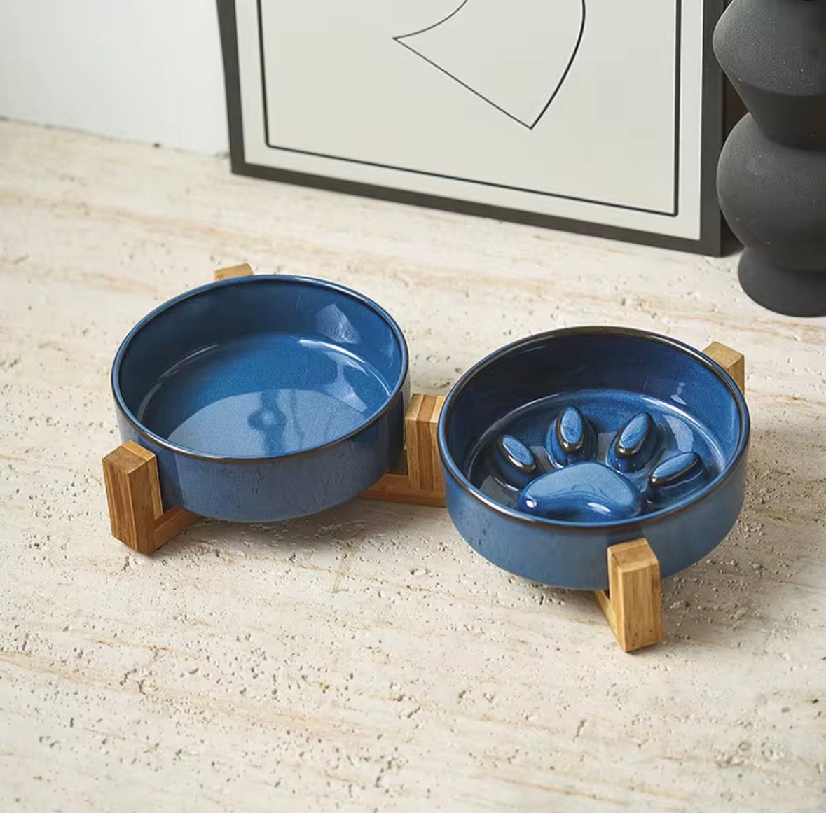 Double Ceramic Food Bowl with Wooden Stand Paw Print Design