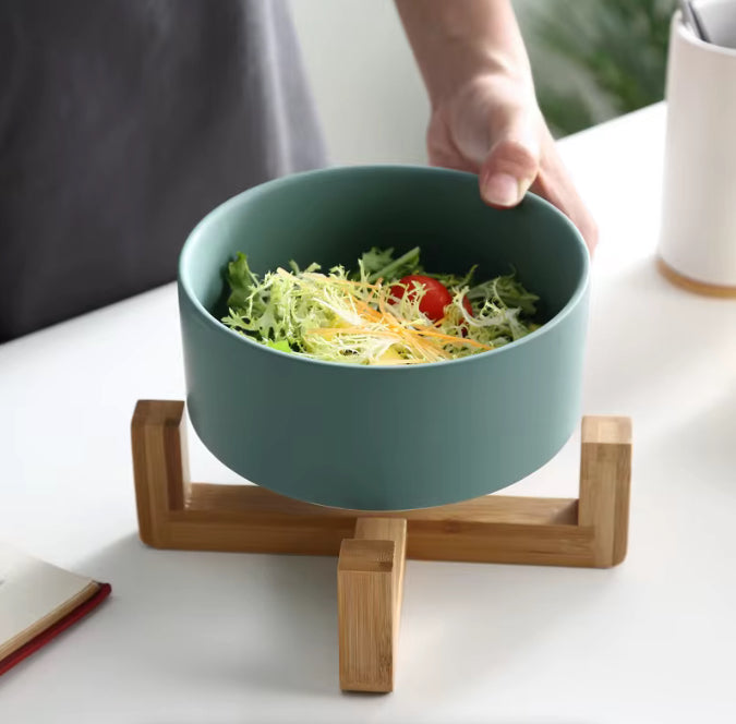 Ceramic Food Bowl with Wooden Stand