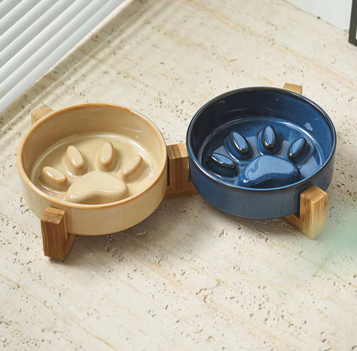 Double Ceramic Food Bowl with Wooden Stand Paw Print Design