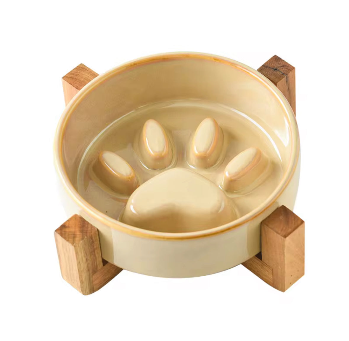 Ceramic Food Bowl with Wooden Stand Paw Print Design