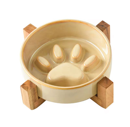 Ceramic Food Bowl with Wooden Stand Paw Print Design