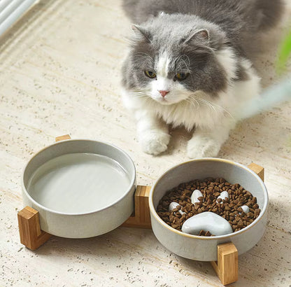 Double Ceramic Food Bowl with Wooden Stand Paw Print Design