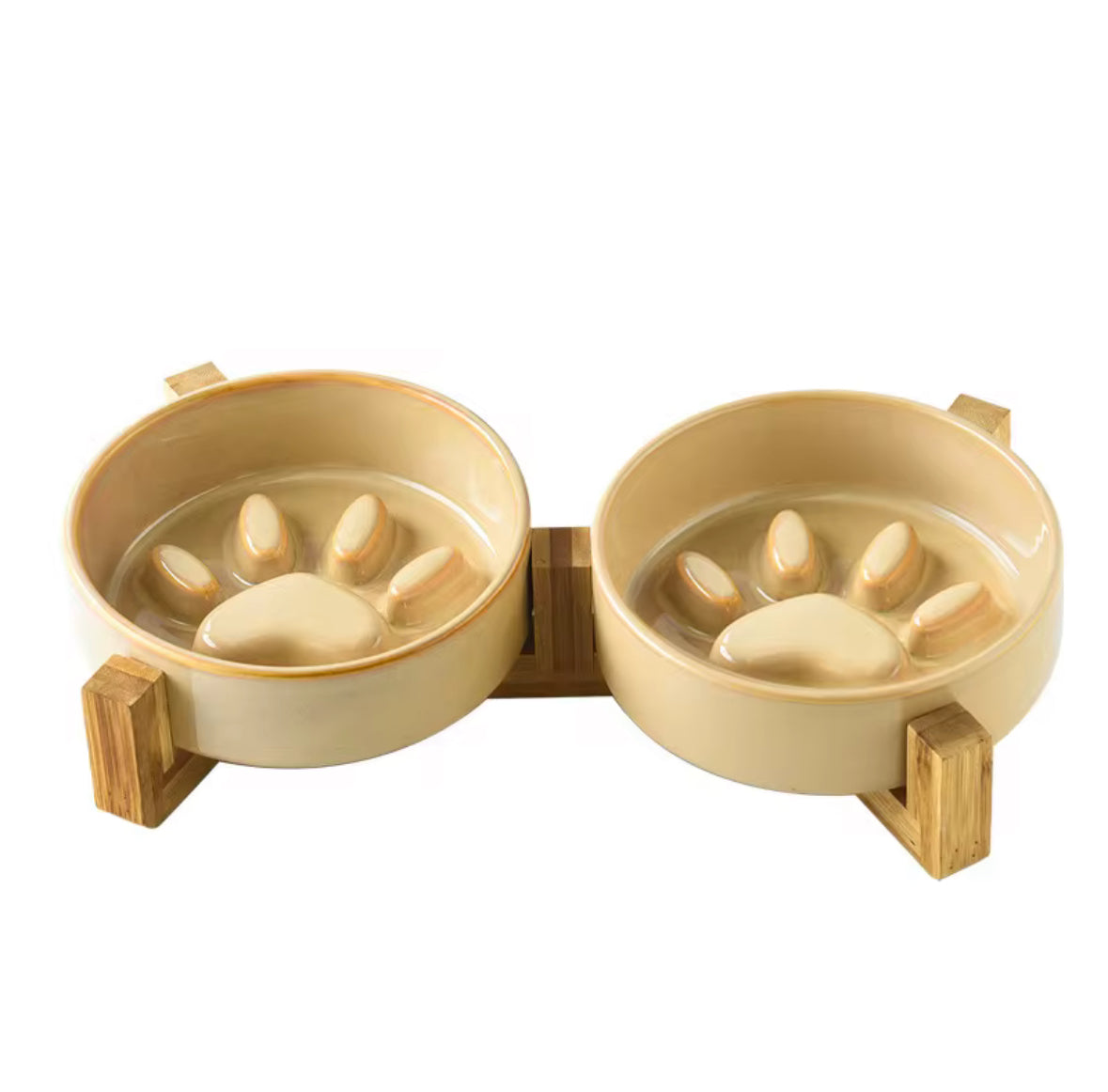 Double Ceramic Food Bowl with Wooden Stand Paw Print Design