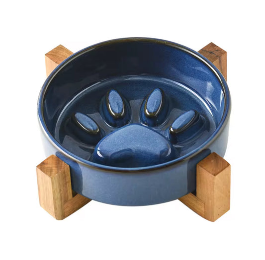 Ceramic Food Bowl with Wooden Stand Paw Print Design