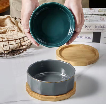 Oven-Safe Ceramic Food Bowl with Bamboo Underlay
