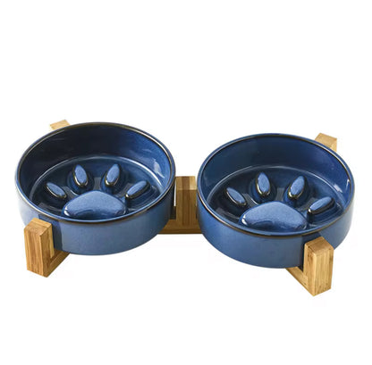 Double Ceramic Food Bowl with Wooden Stand Paw Print Design