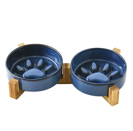 Double Ceramic Food Bowl with Wooden Stand Paw Print Design