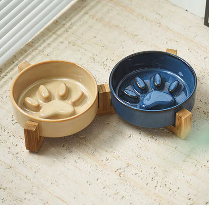 Double Ceramic Food Bowl with Wooden Stand Paw Print Design