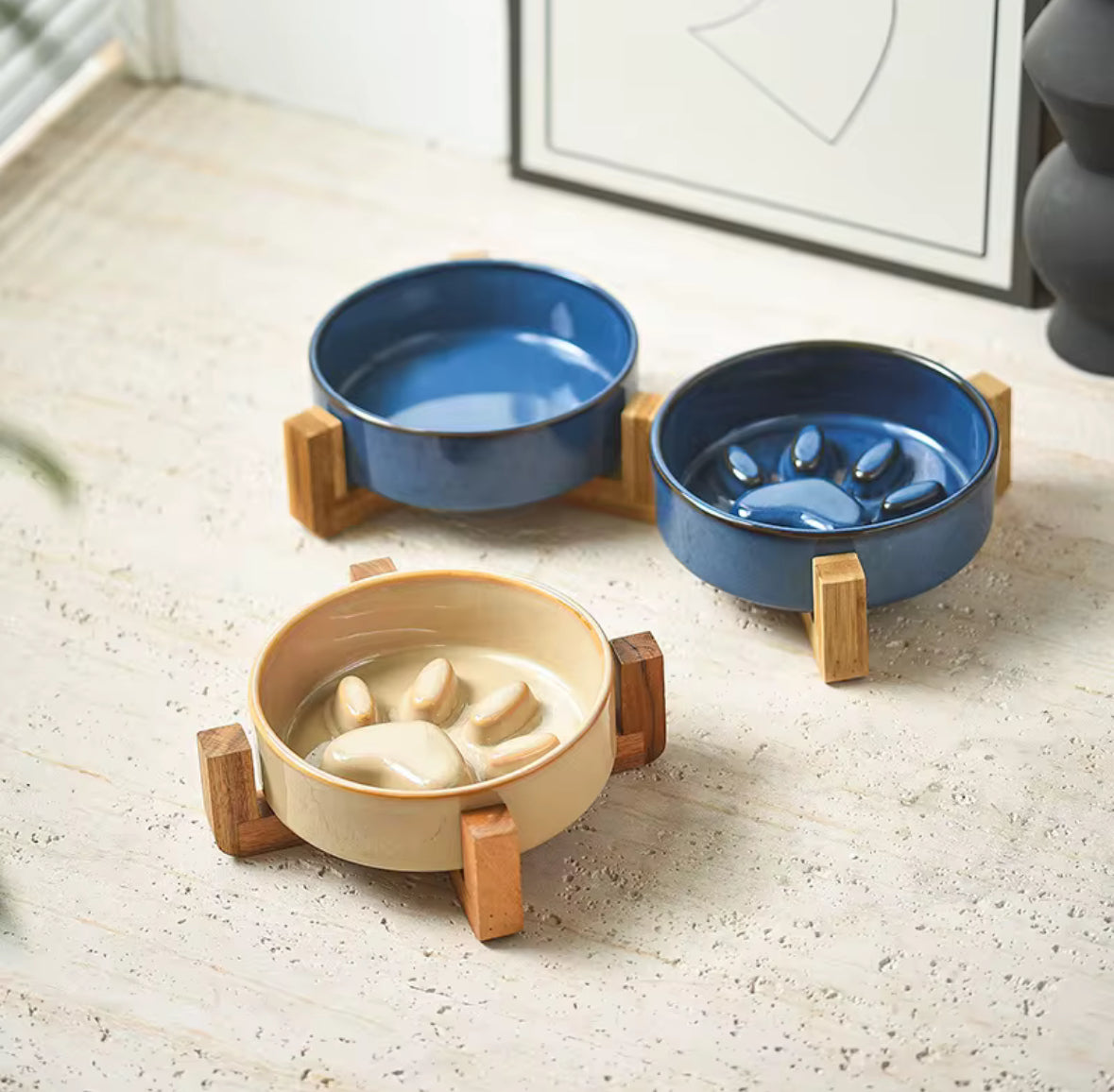 Double Ceramic Food Bowl with Wooden Stand Paw Print Design