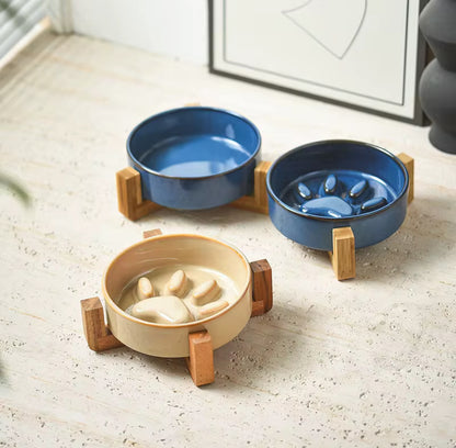 Double Ceramic Food Bowl with Wooden Stand Paw Print Design